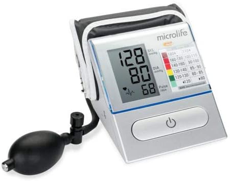 Close-up of Microlife BP A80 display showing blood pressure readings and WHO classification