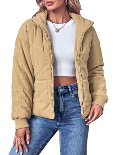 Fisoew Women's Corduroy Quilted Puffer Jackets Long Sleeve Zip Up Stand Winter Down Coat with Pockets4