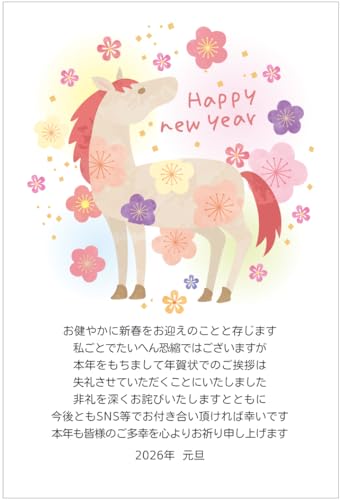 年賀状じまい ハガキ 10枚(今後はSNS等で)【お年玉付き年賀はがき】2026 馬 アルファプリントサービス公式〈SN214 ふんわり〉終活年賀状