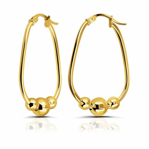 Hoops & Loops 925 Sterling Silver Beaded Hoop Earrings for Women, 18mm & 30mm Ball Bead Dangle Click-Top Hoops, Two-Tone 14k Gold, Rose Gold, Black Flash Plated Sterling Silver