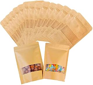 Kraft Paper Stand up Food Bags, 50 Pack Reusable Ziplock Grip Seal Bag with Transparent Window, Waterproof Self-sealing Food Storage Bag for Cookies Candy Tea Coffee Beans Seeds (10 x 15 cm)