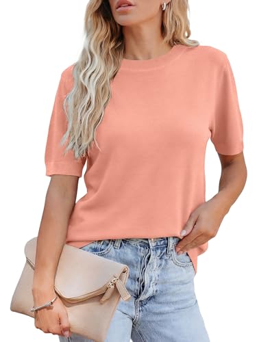 RUMIA Sweaters for Women Short Sleeve Tops Dressy Shirts Pink L — view 3