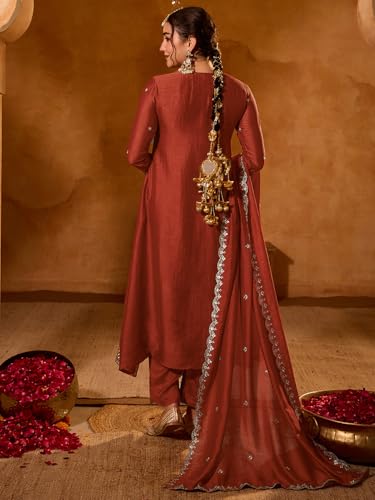Image of Naixa Women's Vichitra Silk Embroidered A-Line Kurta with Pant and Dupatta Sets (NX-845)