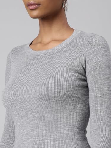 Image of SHOWOFFFF Women Solid Fitted Casual Top | Round Neck Full Sleeves Knitted Top's for Womens | Regular Fit Midi Tops for Women's