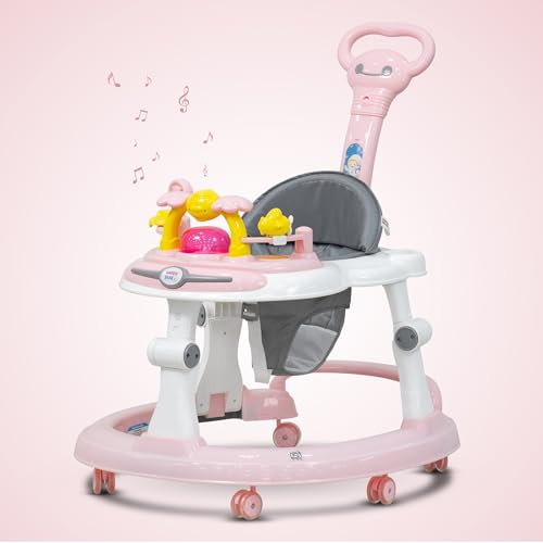 Image of Happy Bear Astro Baby Walker with Parent Handle | Height Adjustable Walker with parent Handle Baby 9 Months and Above | Activity Walker for Baby | Removable Push Parent Handle | Walker for Boys and Girls - Pink