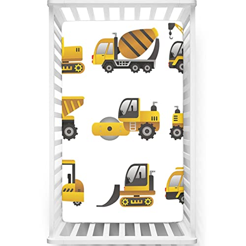 Image of Construction Themed Fitted Crib Sheet,Standard Crib Mattress Fitted Sheet Toddler Bed Mattress Sheets-Crib Mattress Sheet or Toddler Bed Sheet, 28“ x52“,Yellow White Grey
