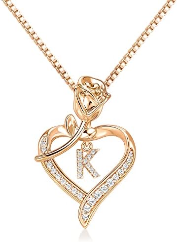 JSJOY Initial Necklaces for Women Girls Letter K Necklace Initial Rose Flower Heart Necklace for Mom Daughter Girls Birthday Jewelry Gifts