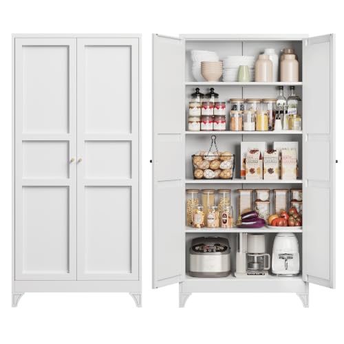 Image of Yizosh Metal Storage Cabinet Kitchen Pantry Cabinet 4 Adjustable Shelves Kitchen Pantry Cabinet for Livingroom Pantry Bathroom Kitchen 75.6 inch H x 35.4 inch W x 17.7 inch D White