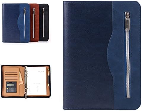 SAYEEC Executive Conference Folder A5 Zipped Portfolio Binder Faux Leather Padfolio Refillable Business Notebook Organizer with Calculator Loose Leaf Paper Gift for Man Women