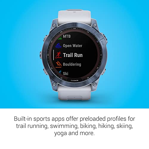 Image of Garmin Fenix 7X Sapphire Solar, Larger Adventure smartwatch, with Solar Charging Capabilities, Rugged Outdoor GPS Watch, Touchscreen, Wellness Features, Mineral Blue DLC Titanium with Whitestone Band