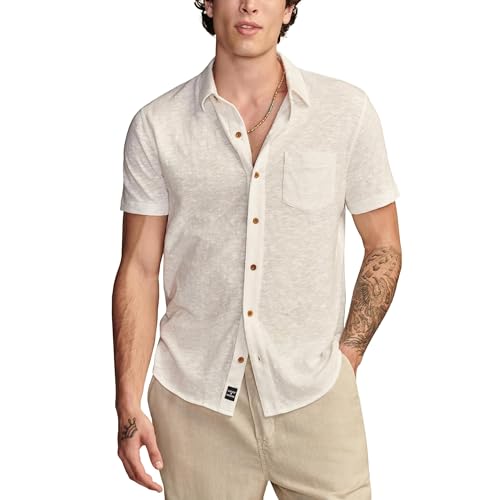 Lucky Brand Men's Linen Short Sleeve Button UP Shirt, Bright White