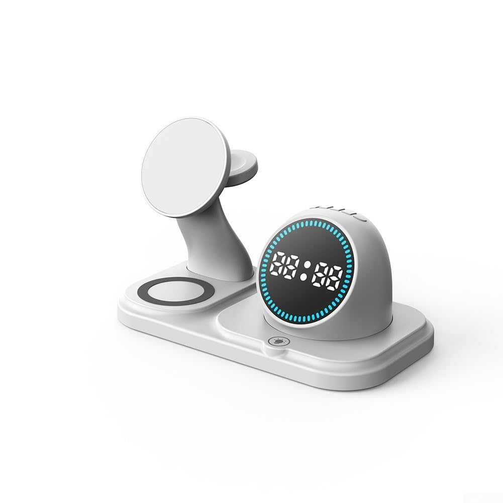Ricarica wireless magnetica con sveglia, luce ambientale RGB, altoparlante audio per smartphone, smartwatch, cuffie, casa, ufficio (bianco)