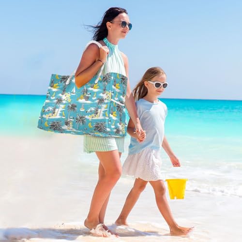 JUNZAN Funny Hawaii in Blue Beach Tote Bag with Handles Swim Pool Bag Beach Totes Bags for Women with Waterproof Pockets2