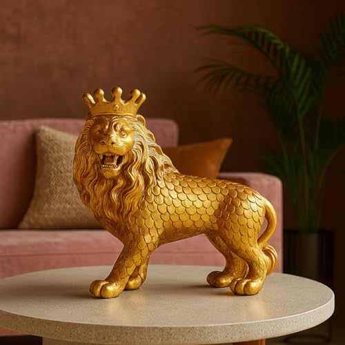 Image of Xtore Royal Gold Lion Figurine | Resin Home Decor Accent | Luxurious Art Piece for Living Room, Office, or Shelf | Symbol of Power and Majesty - Gold Finish