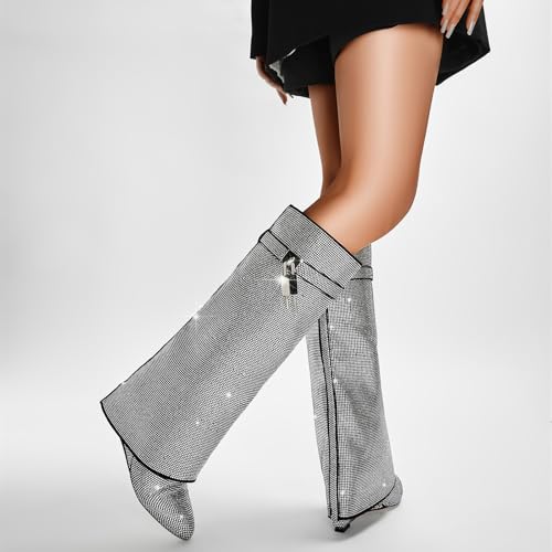 Fold Over Knee High Boots for Women - Pull-on Pointed Toe Wedge Heel With Sparkly Rhinestone and Padlock - Wide Calf Tall Fashion Boots for Party2