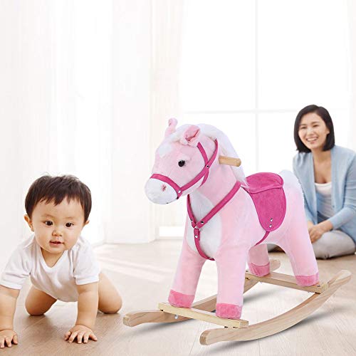 Balancín Peluche Caballo Madera para Niños Juguete Caballo Mecedora de Bebé Mecedor de Animales de Peluche, 60 x 28 x 70.5 cm(Rosa)
