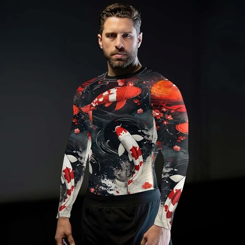 Japanese Koi Fish Men's Long Sleeve Compression Rash Guard, BJJ Workout Shirt, Breathable MMA Training Top4