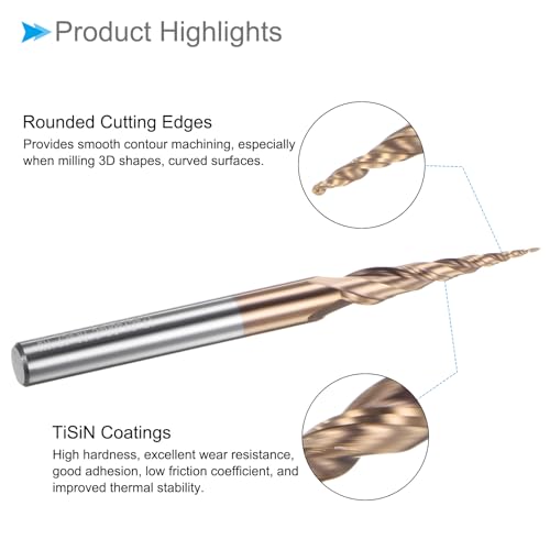 Image of Tapered Ball Nose End Mill, 0.25mm Radius 6mm Shank 10.3 Degree Angle, TiSiN Coated Micro-Grain Carbide 2 Flutes Milling Cutter - (Applications: for Stainless Steel Hardened Steel)