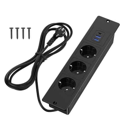 Socket retráctil con 2 USB y 1 tipo C, toma de corriente empotrada, 3 vías con cable de 2 m, toma de mesa para mesa o encimera, color negro