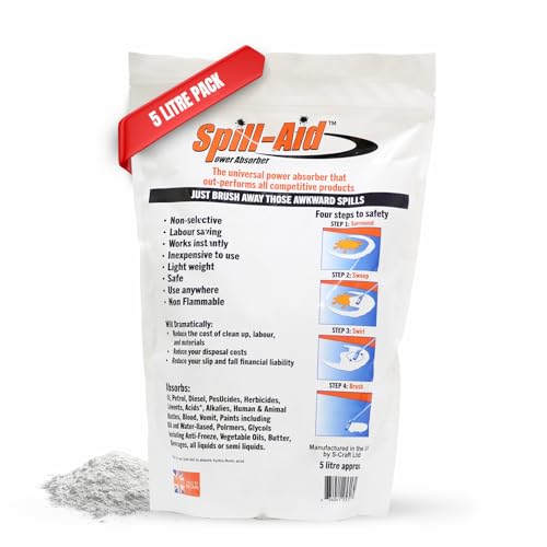 Absorbent Granules 1-pack (5L) Rapid Spill Cleanup for Oils, Fuels, Chemicals, Paint & Bodily Fluids, Industrial Absorbent Powder for Home Workshops Warehouses Garages, UK-Made
