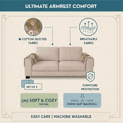 Image of STITCHNEST 'Frostvine Collection' Sofa Armrest Cover | Cotton Quilted Fabric, Washable & Durable for Modern Living (18 x 22 Inches)