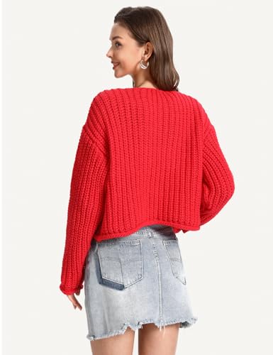 Image of Yimoon Womens Tie Front Chunky Cardigan Sweater Cropped Long Sleeve Open Front Cardigan Knit Trendy Sweater Tops (Red-M)