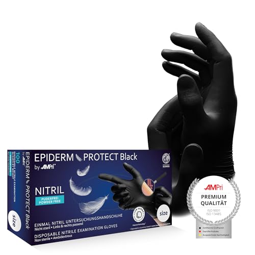 AMPri Guantes de nitrilo Low Derma, color negro, 100 unidades/caja, talla S, sin polvo, Epiderm Protect Black by Med-Comfort: guantes desechables de nitrilo disponibles en tallas XS, S, M, L, XL
