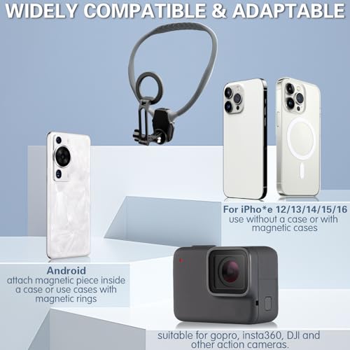 Beviliu Magnetic Neck Phone Holder for Recording, Hands Free POV/Vlog Neck Mount with Chest Strap, Video Filming for Cooking/Riding, Content Creator for iPhone 16 15 14 13 12 Android GoPro Insta360