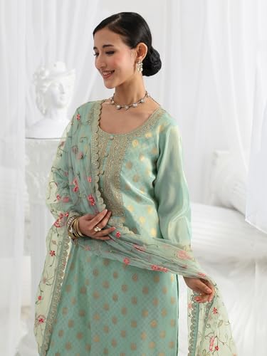 Image of Libas Woven Design Silk Blend Straight Kurta With Trousers and Dupatta | daily wear suit