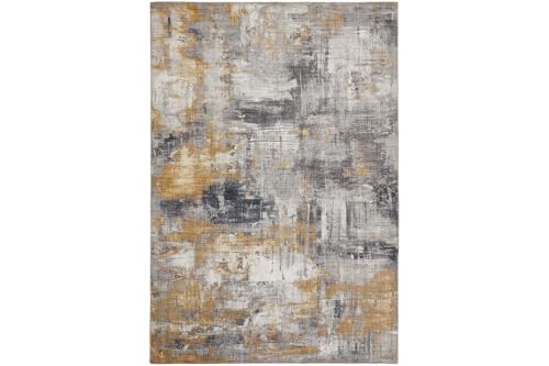 -LUXOR- living Teppich Wohnzimmer Prima im Vintage Design - Wohnzimmerteppich Teppich Kurzflor Digitaldruck in zeitlosem Design Grau-gelb 80 x 150 cm