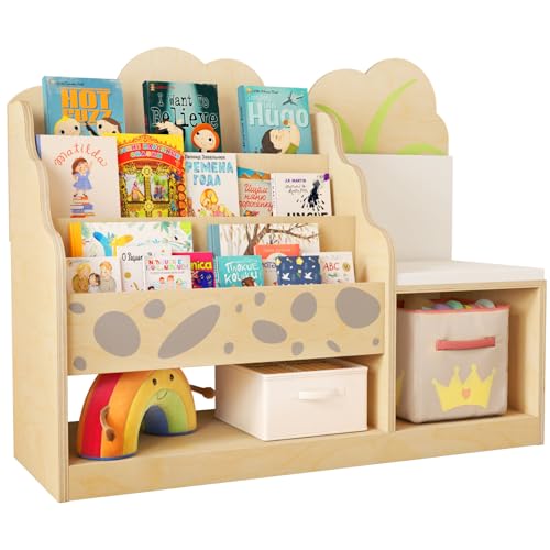 wingyz 4-in-1 Wooden 3-Tier Kids Bookshelf with Reading Nook Cushioned Bench Seat, Montessori Toy Storage with Book Shelf for Kids Rooms Nursery Playroom Living Room Classroom Preschool Gift