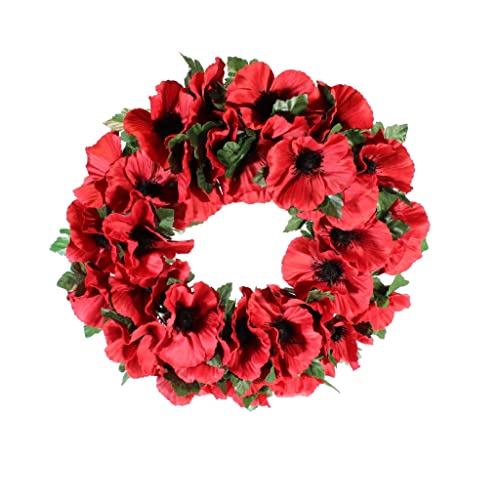 UK-Gardens 36cm Poppy Artificial Wreath - 14 Remembrance Day Hanging Decoration - Commemorative Red Poppies On A Round Plastic Frame With A Hanging Hole For Your Front Door