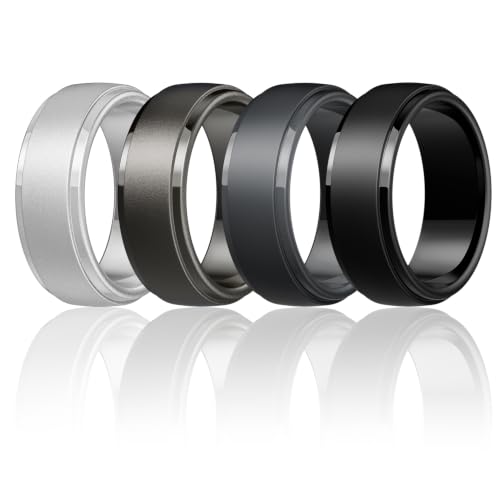 Image of Egnaro Men's Silicone Wedding Rings: Classic Black Step Edge Rubber band 10mm Wide 2.5mm Thick- Hypoallergenic for Gym /Outdoor /Gift(1 /4 /7 Variety Pack with Half Size)
