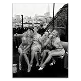 Retro Black And White Woman Canvas Wall Art Fashion Rooftop Party Posters Trendy Glam Girly Prints Pictures Woman Cheers Aesthetic Painting for Apartment Bedroom Bar Cart 12x16in Unframed
