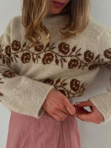 Image of ZAFUL Flower Crochet Turtleneck Sweater for Women Pullover Puff Long Sleeve Boho Knit Sweaters Trendy Knitwear Tops