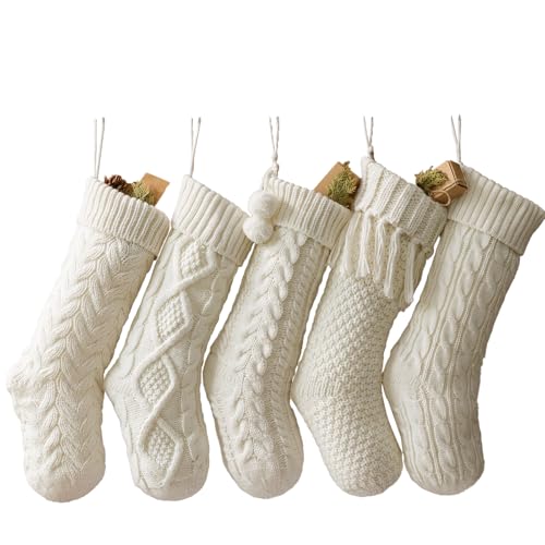 Farmhouse Knitted Personalized Christmas Stockings: 5 Pack 18 Inch Rustic Cable Knit Fireplace Cozy...