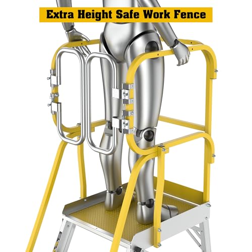 Image of 4 Step Ladder Aluminum Rolling Platform Ladders with 360 Guardrail System, Industrial Safety Non-Slip Rolling Ladder with Wheels for Warehouse, Garage, 375 lbs Capacity