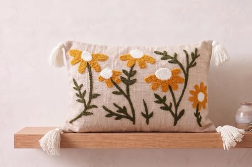 Image of Furnistitchs Boho Rectangle Cushion Cover 12x20 inches | Handmade Decorative Throw Pillow Case | Bohemian Home Decor Sofa Bed Cushion Cover Living Room Bedroom (2, Beige Floral Cuts, 12x20 inches)