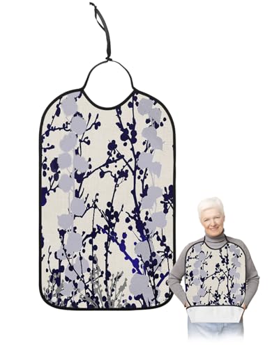 Adult Bibs for Elderly Women - Blakc Grey Blue Branches Waterproof Dining Clothing Protectors with Crumb Catcher for Eating/Feeding, Watercolor Botanical Rustic Abstract Terry Cloth Bib Washable