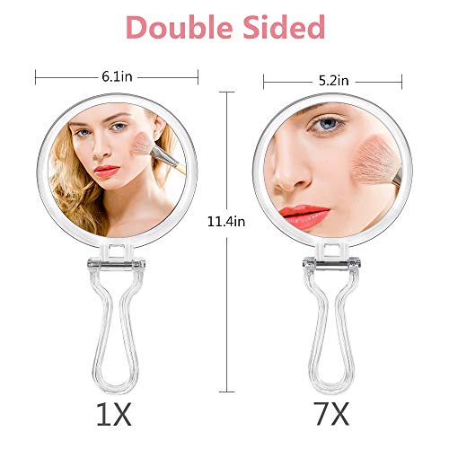 Cheftick Double Sided Hand Held Mirror - 1X & 7X Magnifying Travel Makeup Mirror With Adjustable Folding Handle, Portable, Transparent & Round (6") #TOP2