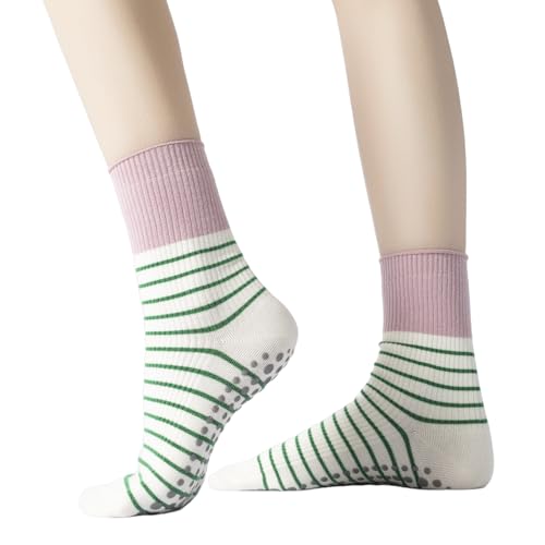 Image of Verdancy Yoga Pilates Socks with Grips for Women Non Slip Striped Cushioned Crew Socks for Barre Ballet Dance
