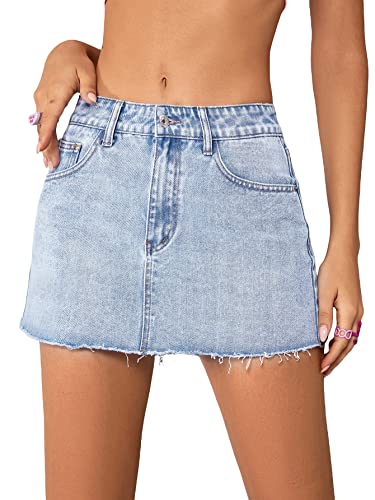 COZYEASE Women's Single Button Front Raw Hem Plain Denim Mini Skirt with Pockets Blue M