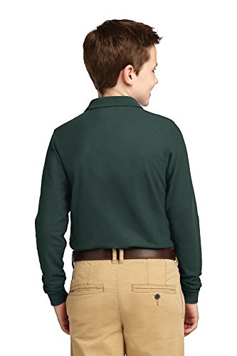 Camisa polo juvenil Port Authority de manga comprida com toque de seda, Dark Green, M