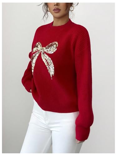 Image of RoseSeek Women's 3D Floral Appliques Crewneck Sweaters Long Sleeve Drop Shoulder Pullovers Elegant Knit Tops