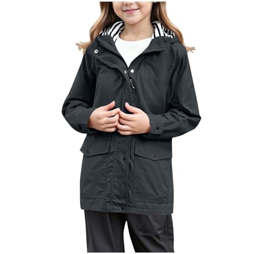 Boys Girls Waterproof Hooded Jackets Full Zip Raincoats Teen Striped Lined Button Down Windbreaker Coat 2025 Kids Fall Outfit