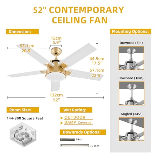 DWVO Ceiling Fan with Light and Wall Switch Remote, Quiet Reversible Motor, Dimmable LED Color, Memory Function for Bedroom Living Room Patio Indoor Outdoor, 52 Inch Modern Gold & White Fan