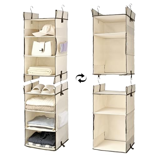 Image of ULG 2-Pack Hanging Closet Organizer, 2/3-Tier Reversible Clothing Hanging Shelves with 4 Side Pockets for Wardrobe Clothes Sweater Handbag Storage, Foldable, Ivory, Separable, Beige