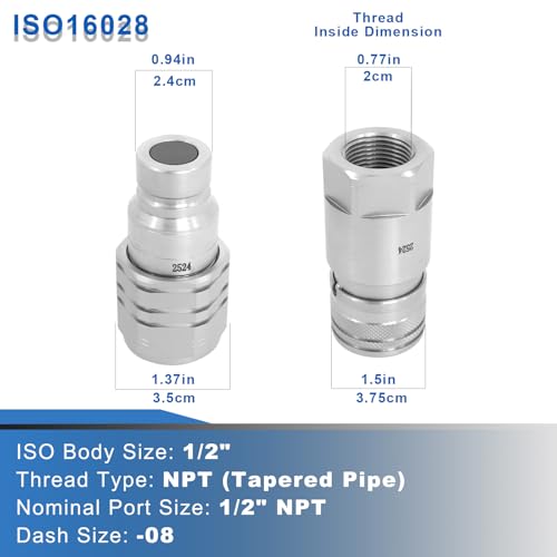 Image of 1 /2 inch NPT Flat Face Hydraulic Couplers, Skid Steer Bobcat Quick Connect Fittings with Dust Covers, 1 /2 inch Body and 1 /2 inch NPT Thread (ISO16028) Blue