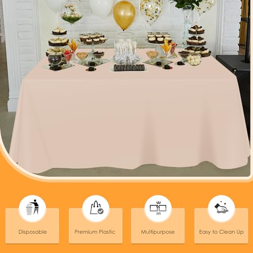 Image of tujol Beige Disposable Plastic Table Cloth Roll 54 inch X 100', Plastic Table Cover with Cutter Box, Cut to Size Disposable Tablecloth for Parties