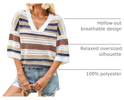 Image of Saodimallsu Womens Short Sleeve Sweaters V Neck Crochet Knit Striped Hollow Out Tops Beach Cruise Outfits